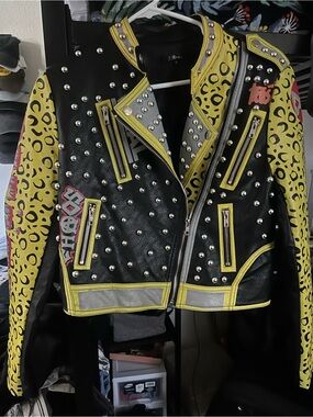 Studded Black Leather Moto Jacket with Yellow Leopard-Print Sleeves